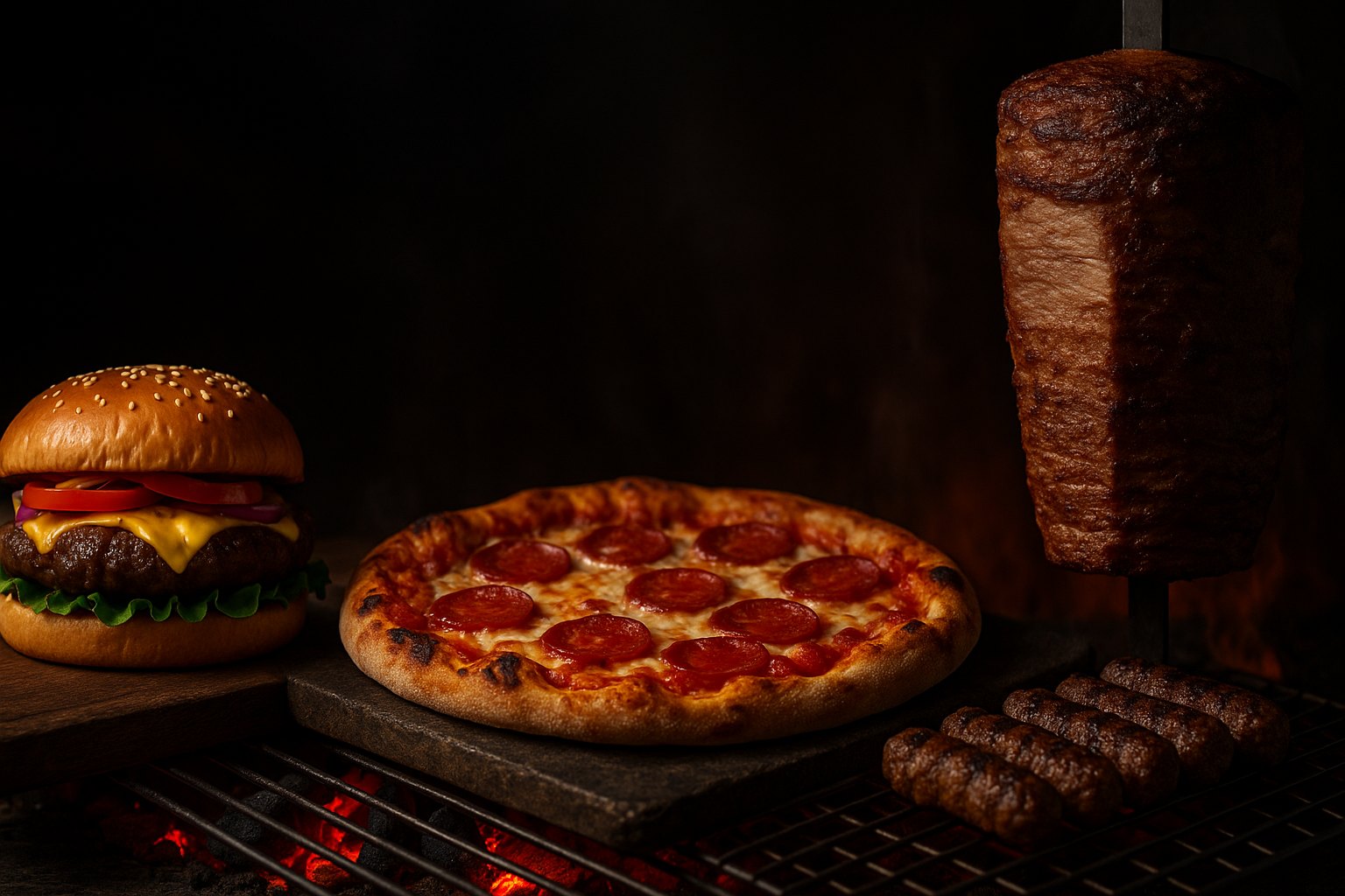 Grill-Ambiente mit Burger, Pizza, Kebabspieß und Cevapcici – stimmungsvolles Headerbild